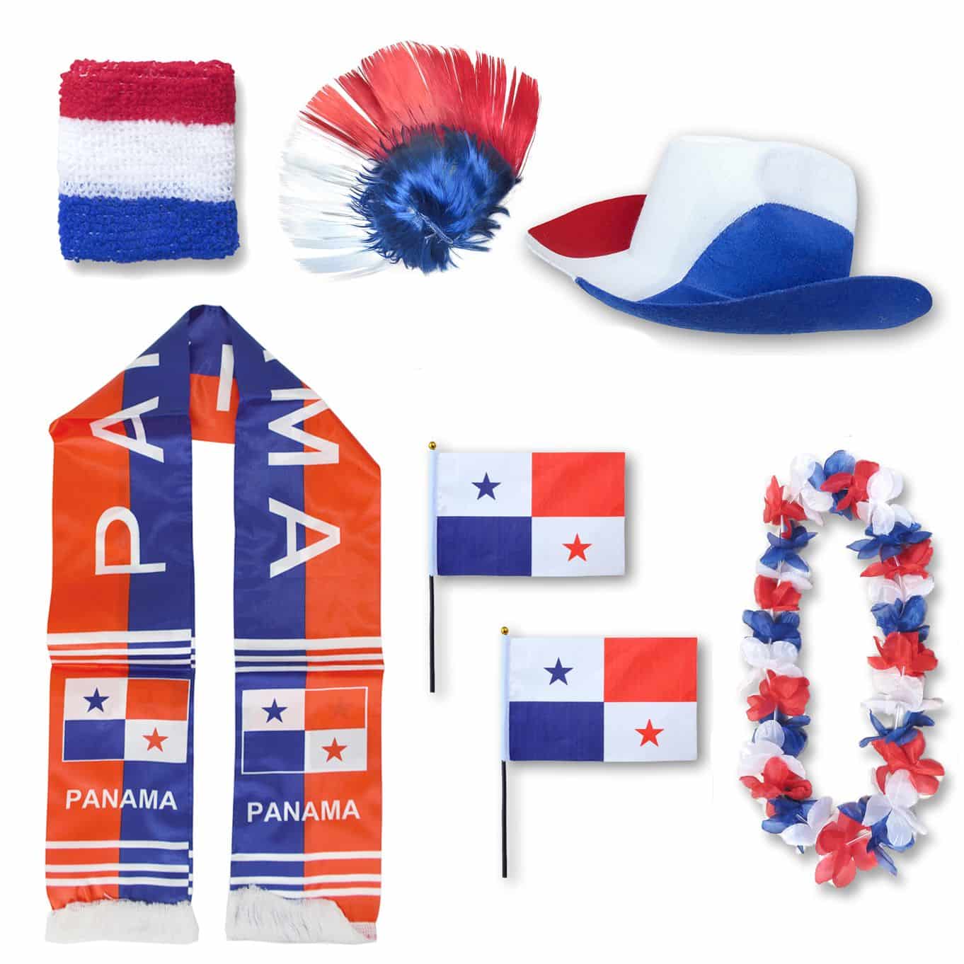 Fan-Paket "Panama" WM EM Fußball Schal Hawaiikette Hut Schweissband Fahne Perücke