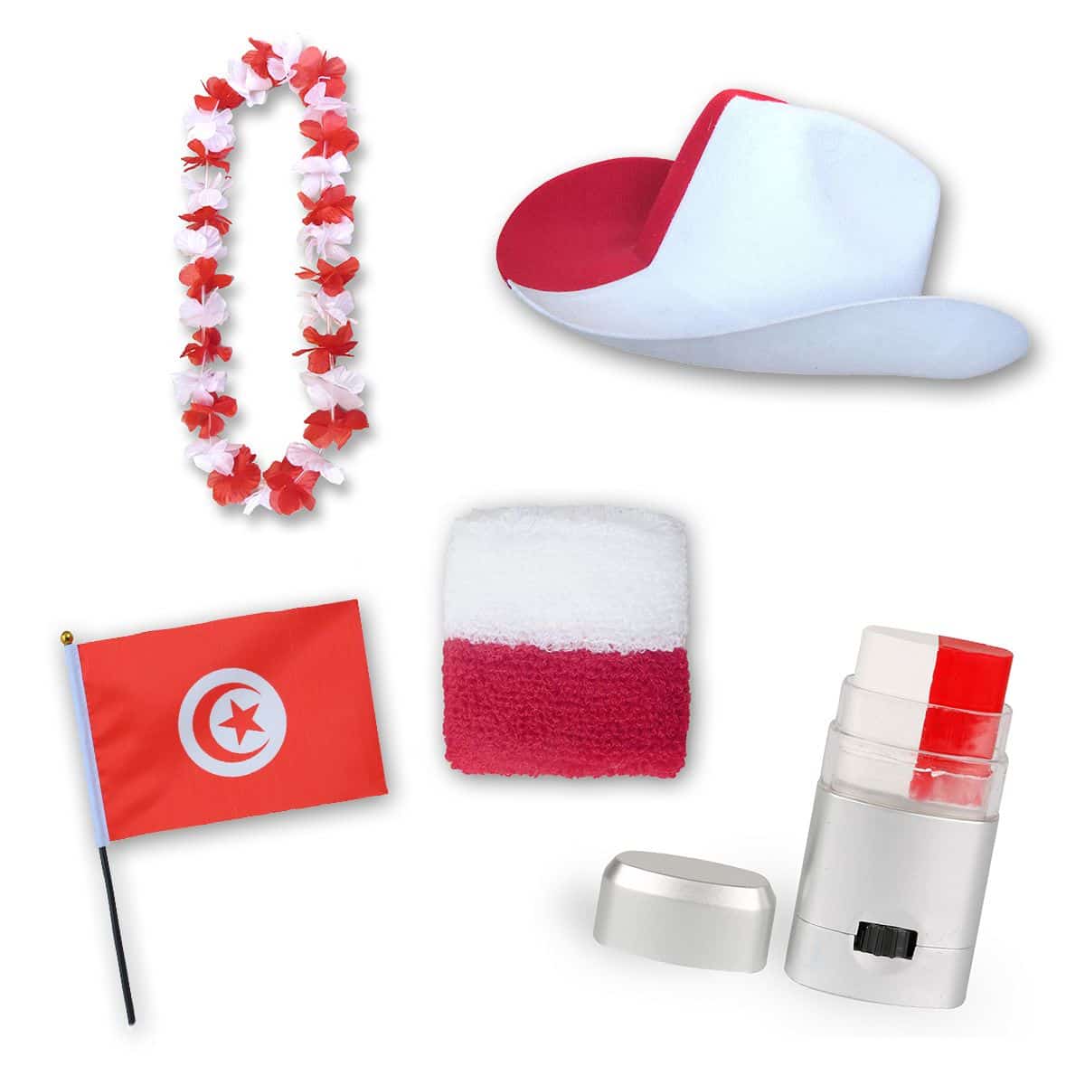 Fan-Paket EM "Tunesien" Tunisia Fußball Hut Kette Schminke Schweißband Flagge