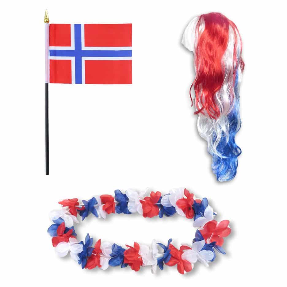 Fanset "Norwegen" Norway Blumenkette Fahne Flagge Perücke Langhaar-Locken