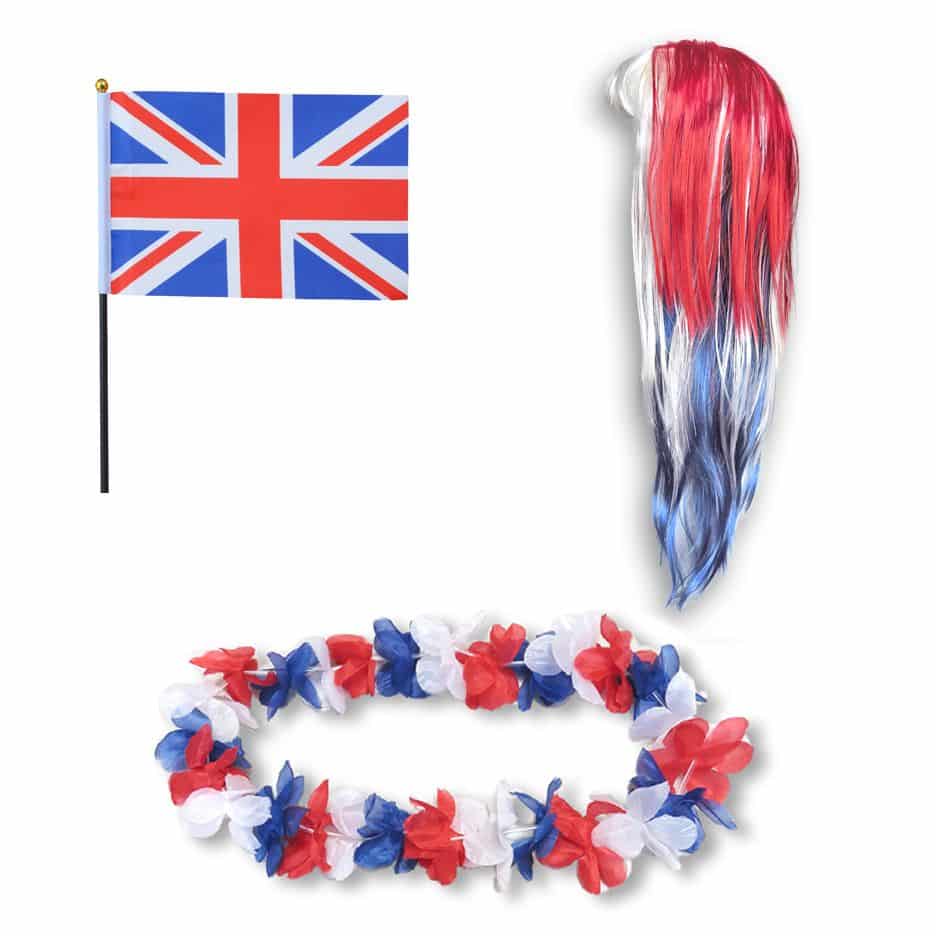 Fanset "Grossbritannien" GB UK Blumenkette Fahne Flagge Perücke Langhaar