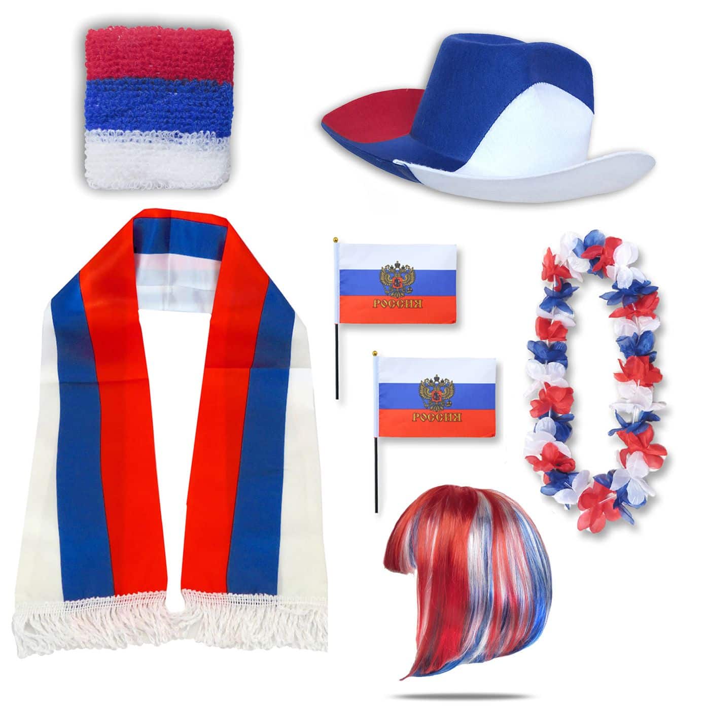 Fan-Paket "Russland" Russia WM EM Fußball Schal Hawaiikette Hut Schweissband Fahne Perücke