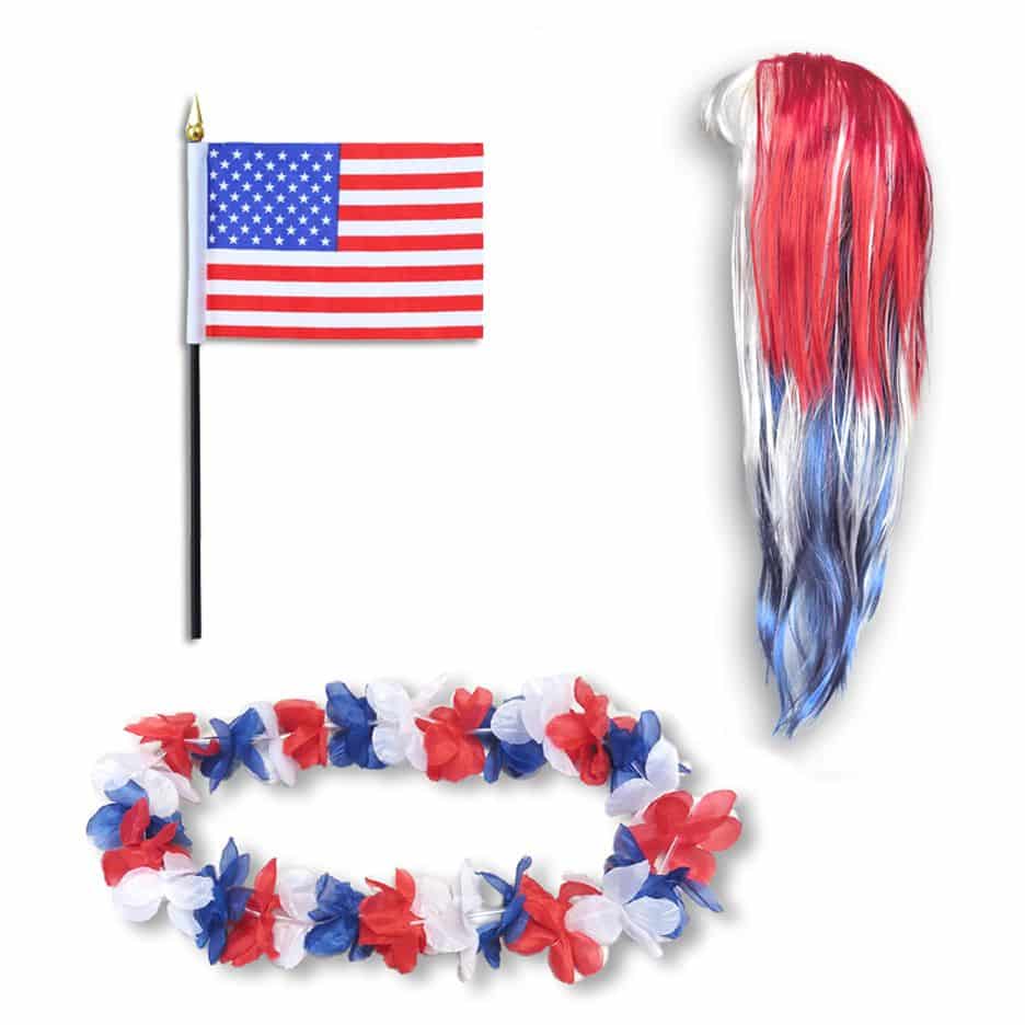 Fanset "USA" Amerika America United States Blumenkette Fahne Flagge Perücke Langhaar