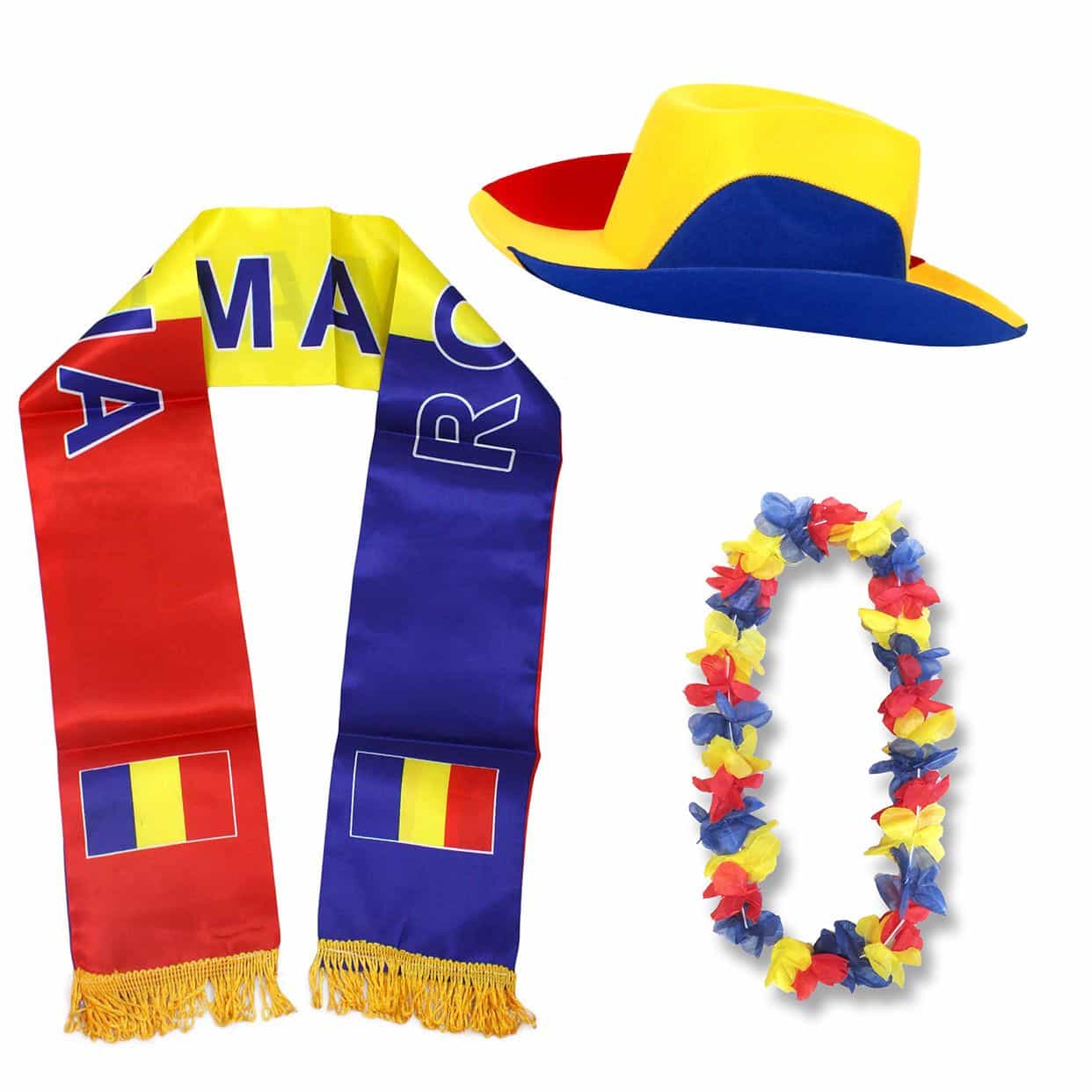 Fan-Paket "Rumänien" Romania WM EM Fußball Schal Hawaiikette Hut Fanartikel