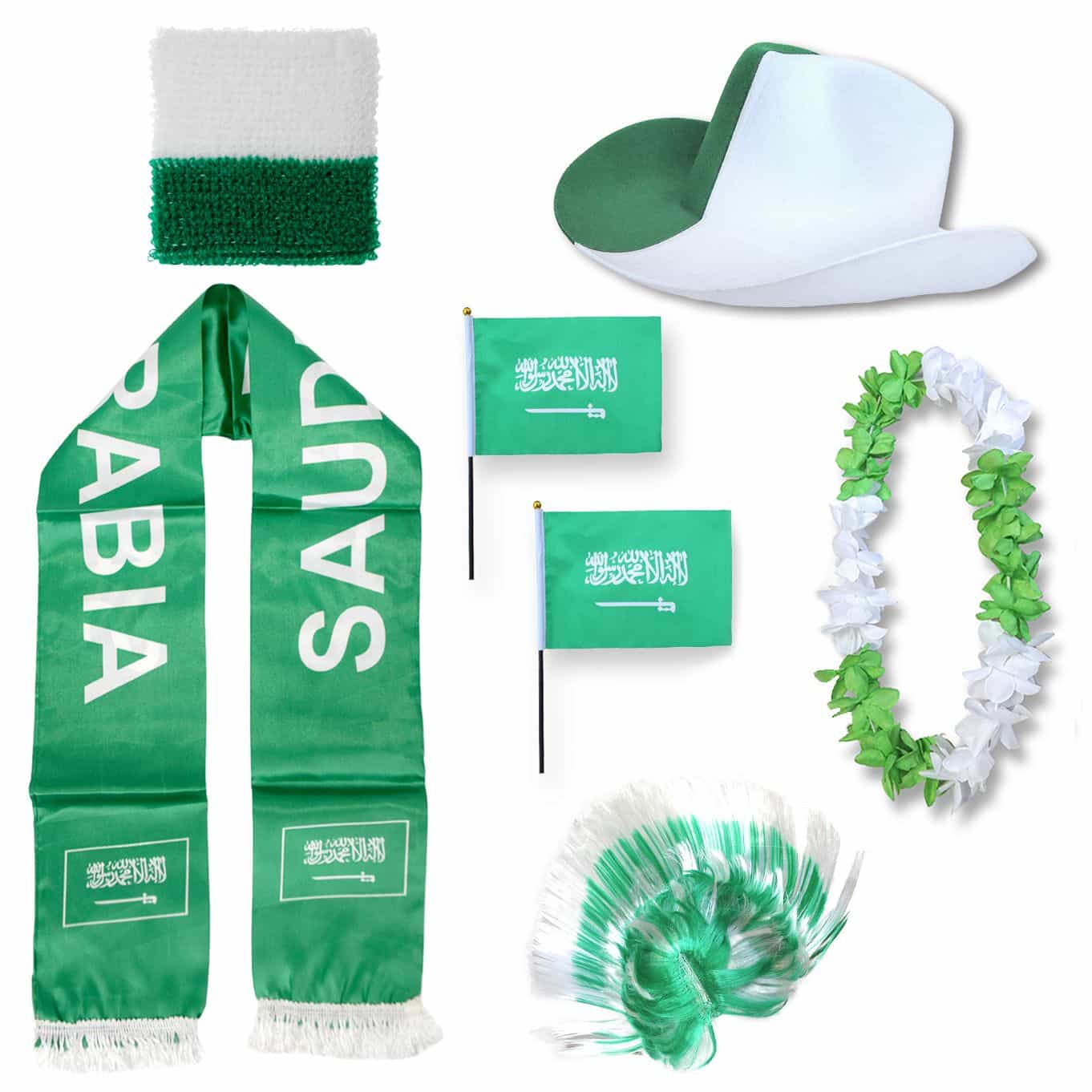 Fan-Paket "Saudiarabien" Saudi Arabia WM EM Fußball Schal Hawaiikette Hut Schweissband Fahne Iro Per