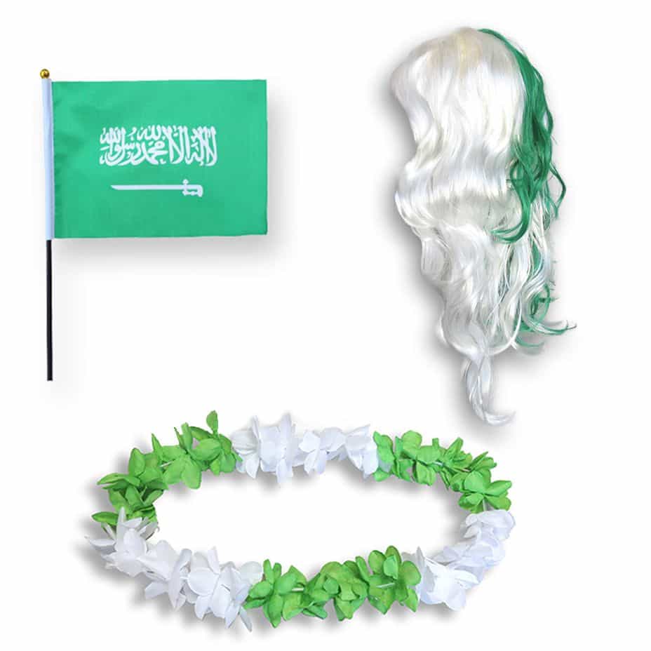 Fanset "Saudiarabien" Saudi Arabia Blumenkette Fahne Flagge Perücke Langhaar-Locken