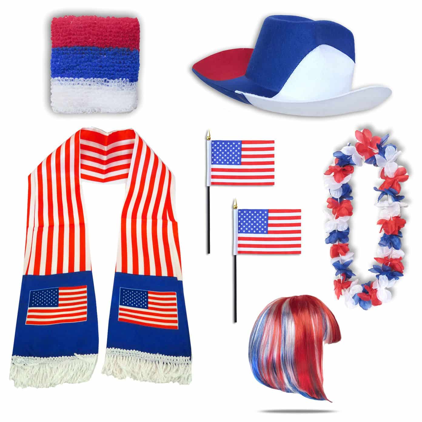 Fan-Paket "USA" Amerika America WM EM Fußball Schal Hawaiikette Hut Schweissband Fahne Perücke