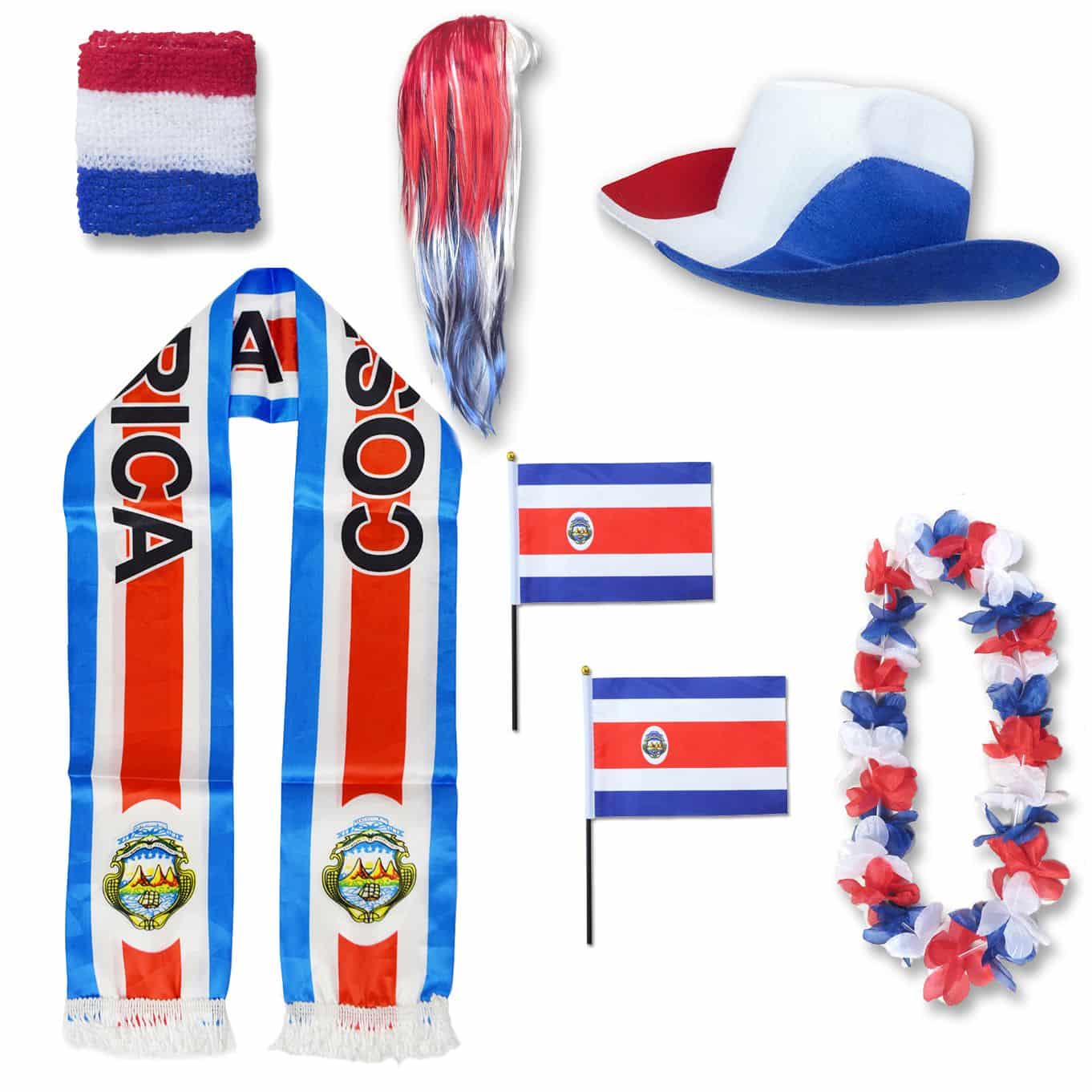 Fan-Paket "Costa Rica" WM EM Fußball Schal Hawaiikette Hut Schweissband Fahne Perücke