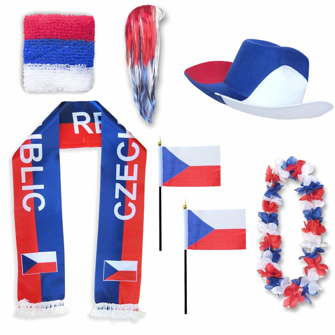 Fan-Paket "Tschechien" Czech Republic WM EM Fußball Schal Hawaiikette Hut Schweissband Fahne Perücke