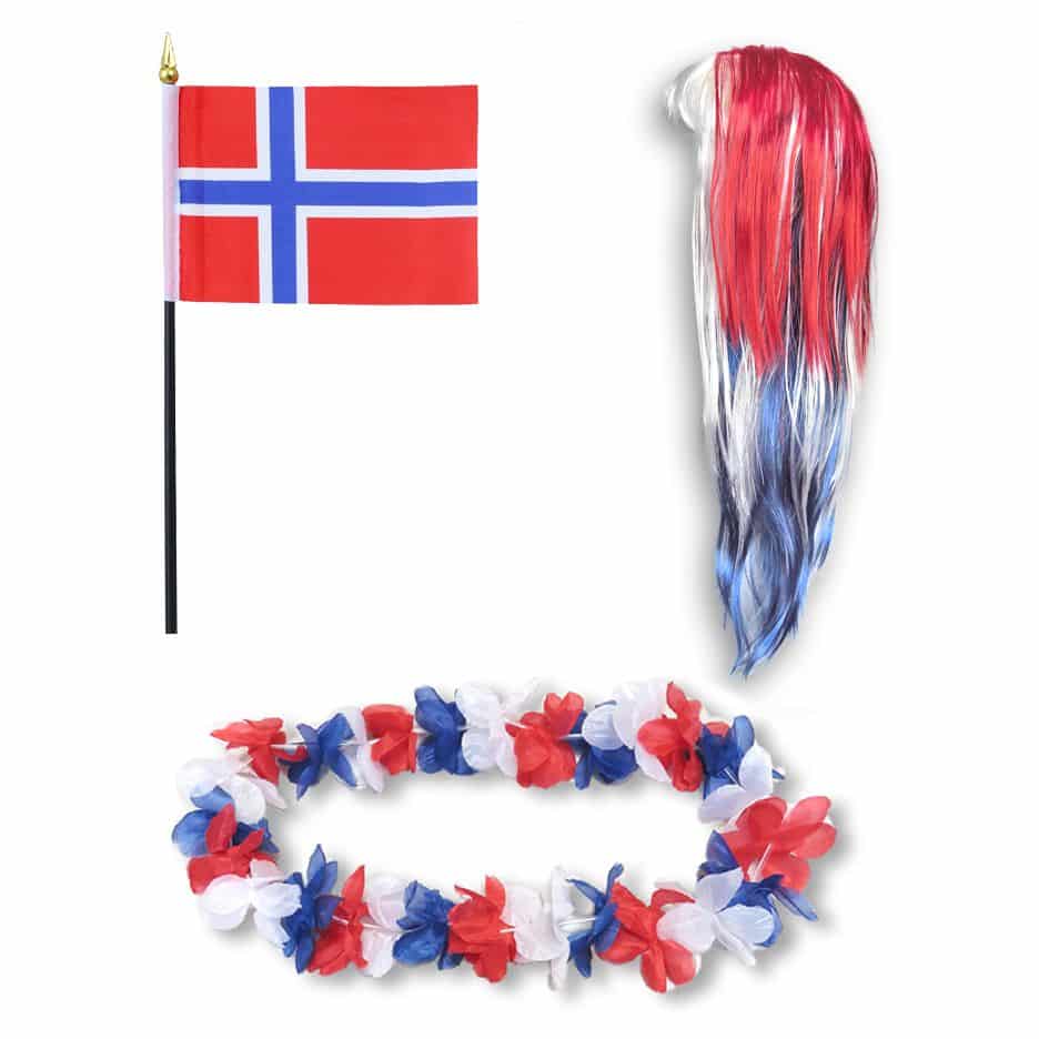 Fanset "Norwegen" Norway Blumenkette Fahne Flagge Perücke Langhaar