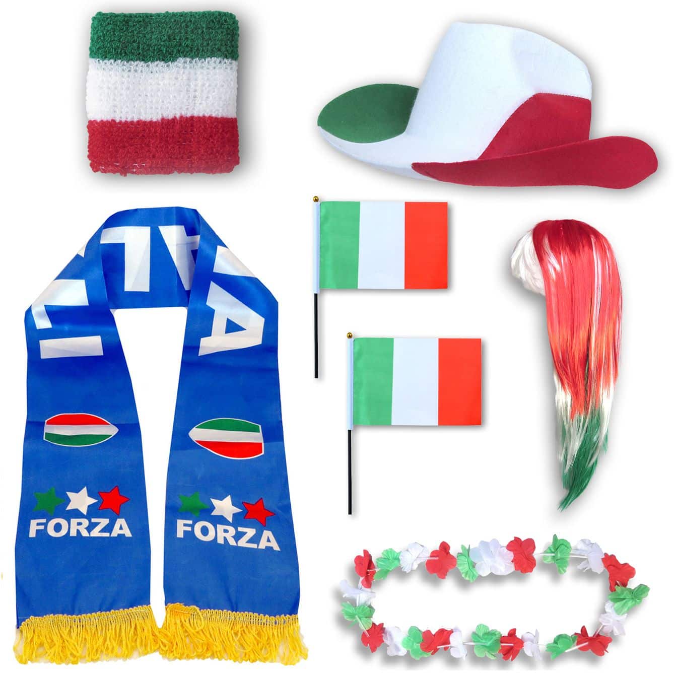 Fan-Paket "Italien" Italy Italia WM EM Fußball Schal Hawaiikette Hut Schweissband Fahne Perücke