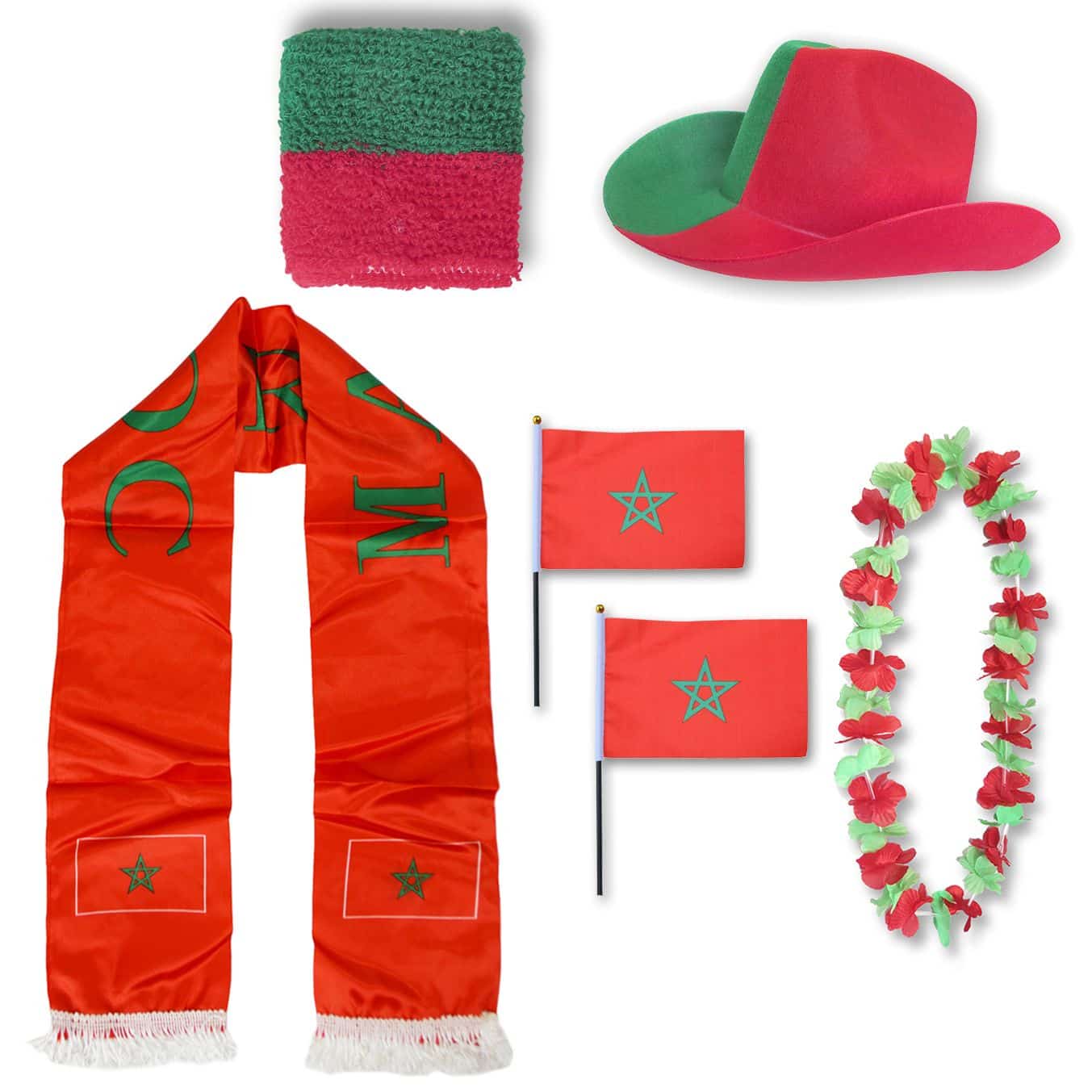 Fan-Paket "Marokko" Morocco WM EM Fußball Schal Hawaiikette Hut Schweissband Fahne Flagge
