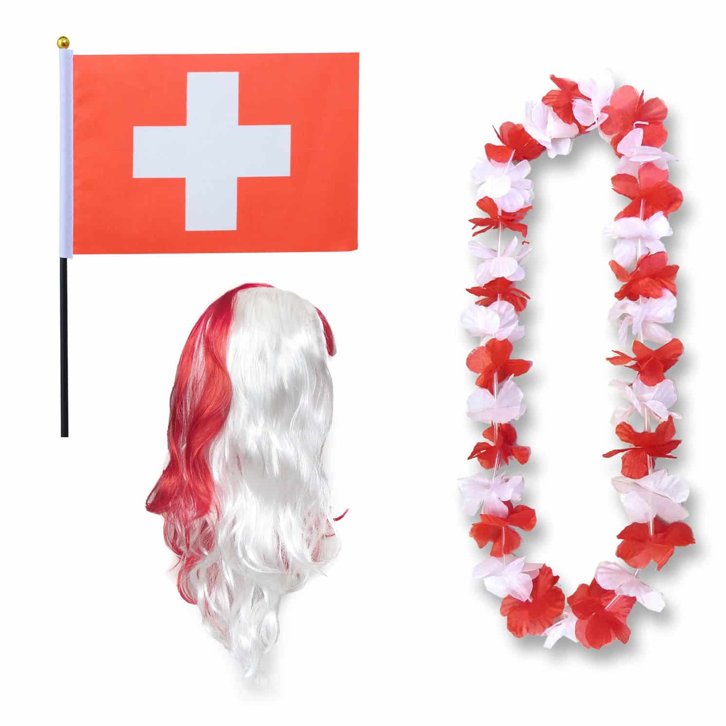 Fanset "Schweiz" Switzerland Blumenkette Fahne Flagge Perücke Langhaar-Locken