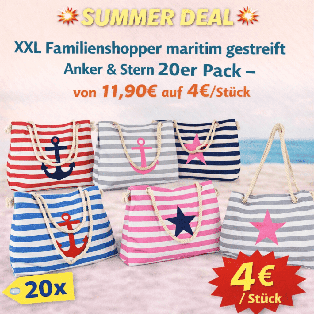 💥SUMMER DEAL: XXL Familienshopper maritim gestreift Anker & Stern 20er Pack – von 11,90€ auf 4€ / Stück