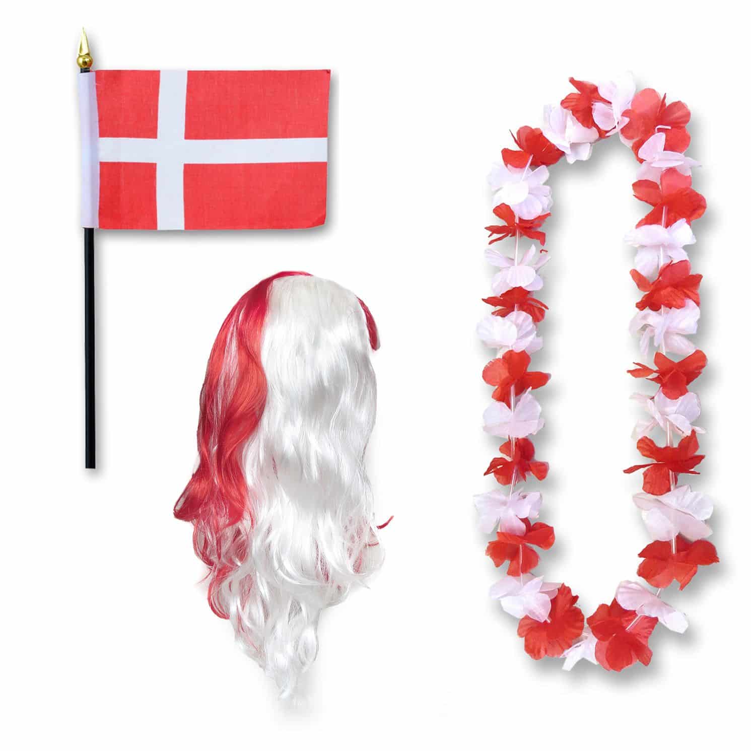Fanset "Dänemark" Denmark Dansk Blumenkette Fahne Flagge Perücke Langhaar-Locken