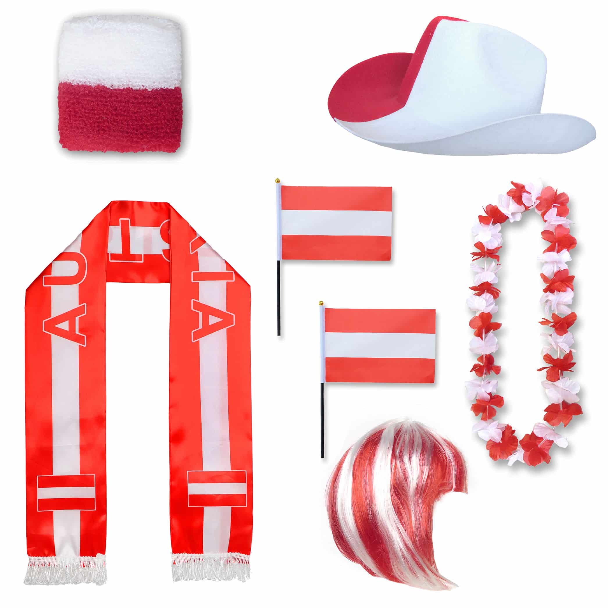Fan-Paket "Österreich" Austria WM EM Fußball Schal Hawaiikette Hut Schweissband Fahne Perücke