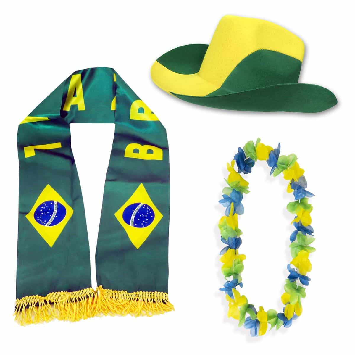 Fan-Paket "Brasilien" Brasil Brazil WM EM Fußball Schal Hawaiikette Hut Fanartikel