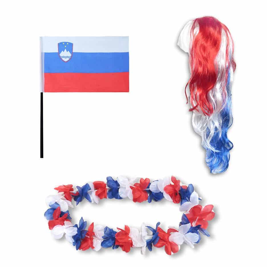 Fanset "Slowenien" Slovenia Blumenkette Fahne Flagge Perücke Langhaar-Locken
