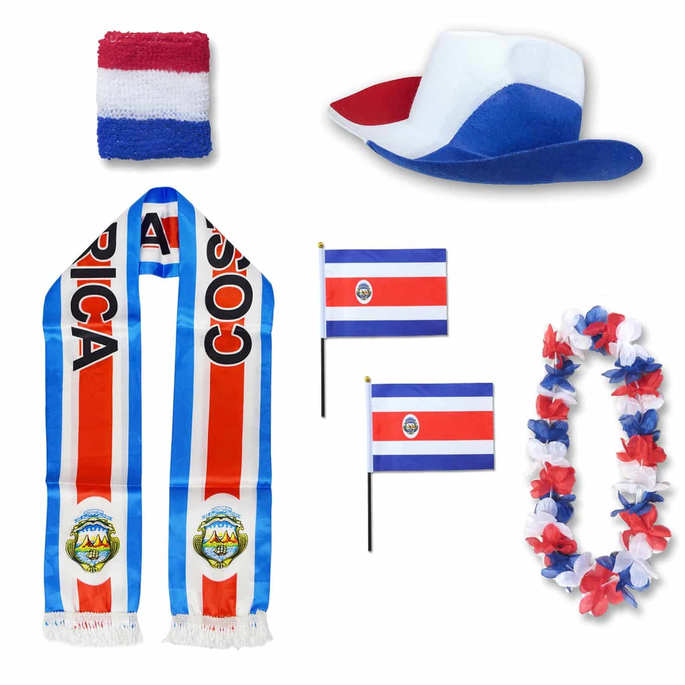 Fan-Paket "Costa Rica" WM EM Fußball Schal Hawaiikette Hut Schweissband Fahne Flagge
