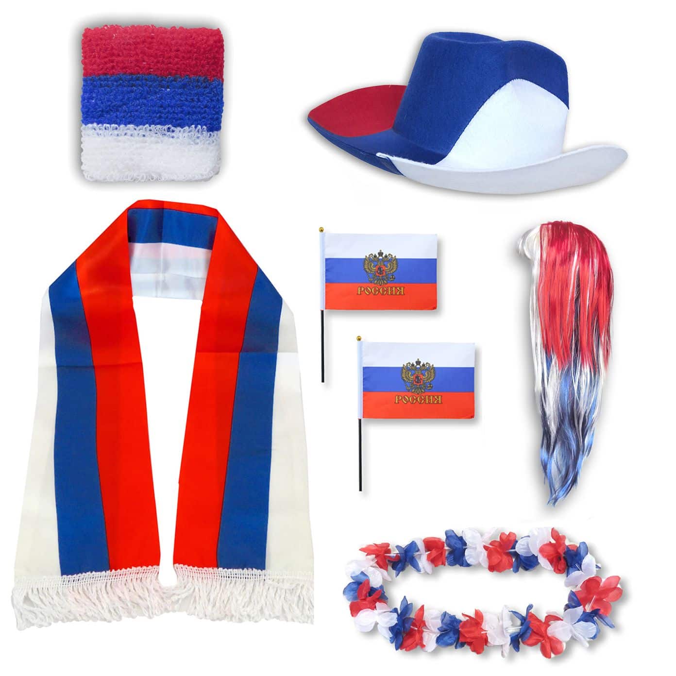Fan-Paket "Russland" Russia WM EM Fußball Schal Hawaiikette Hut Schweissband Fahne Perücke