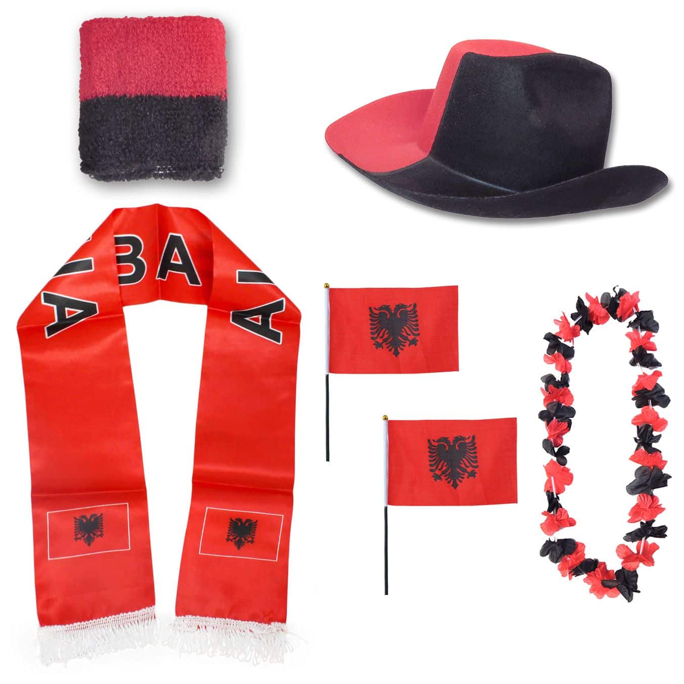 Fan-Paket "Albanien" Albania WM EM Fußball Schal Hawaiikette Hut Schweissband Fahne Flagge