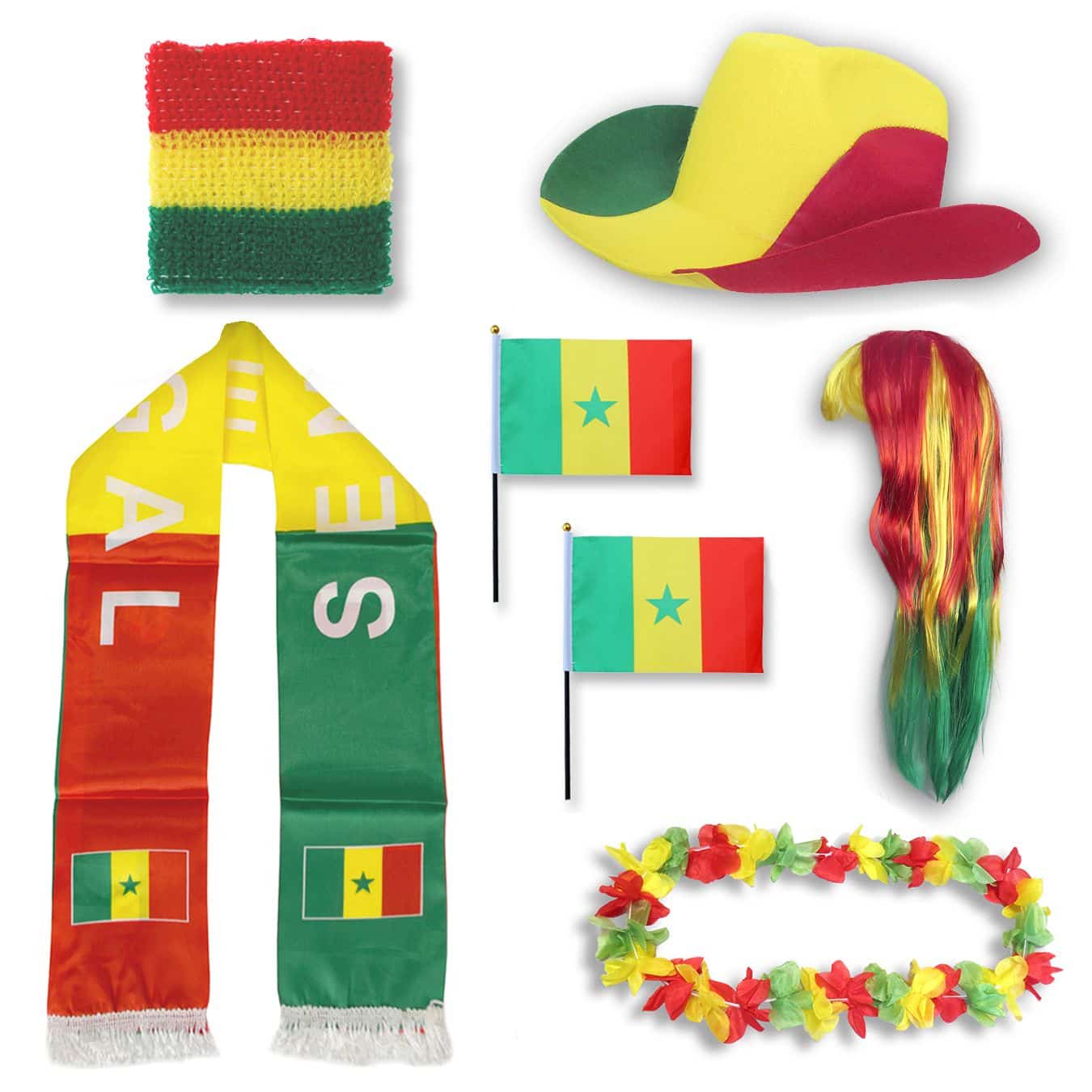Fan-Paket "Senegal" WM EM Fußball Schal Hawaiikette Hut Schweissband Fahne Perücke