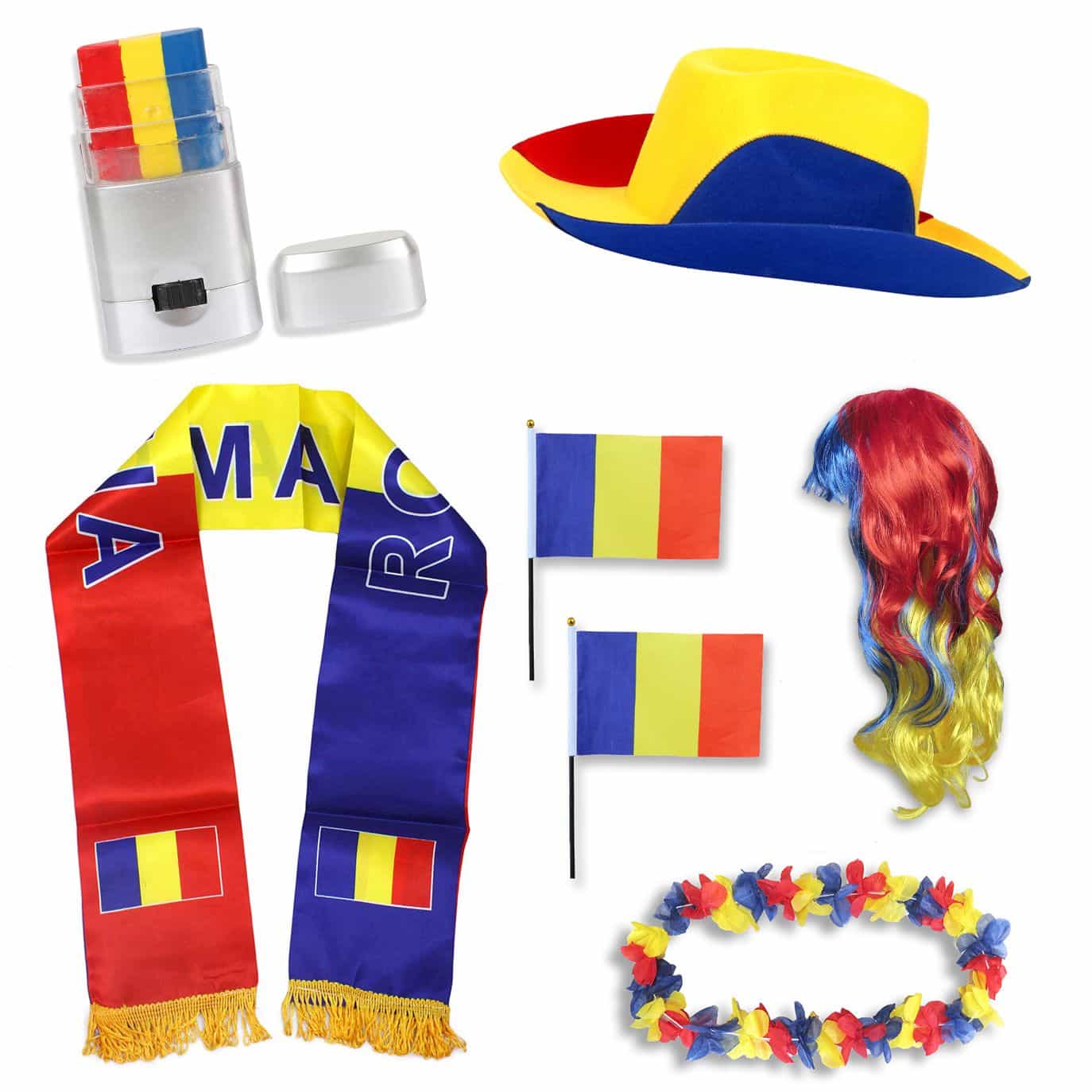 Fan-Paket "Rumänien" Romania WM EM Fußball Schal Hawaiikette Hut Schminkstift Fahne Perücke