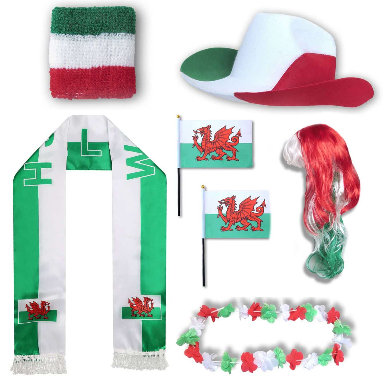 Fan-Paket "Wales" WM EM Fußball Schal Hawaiikette Hut Schweissband Fahne Perücke