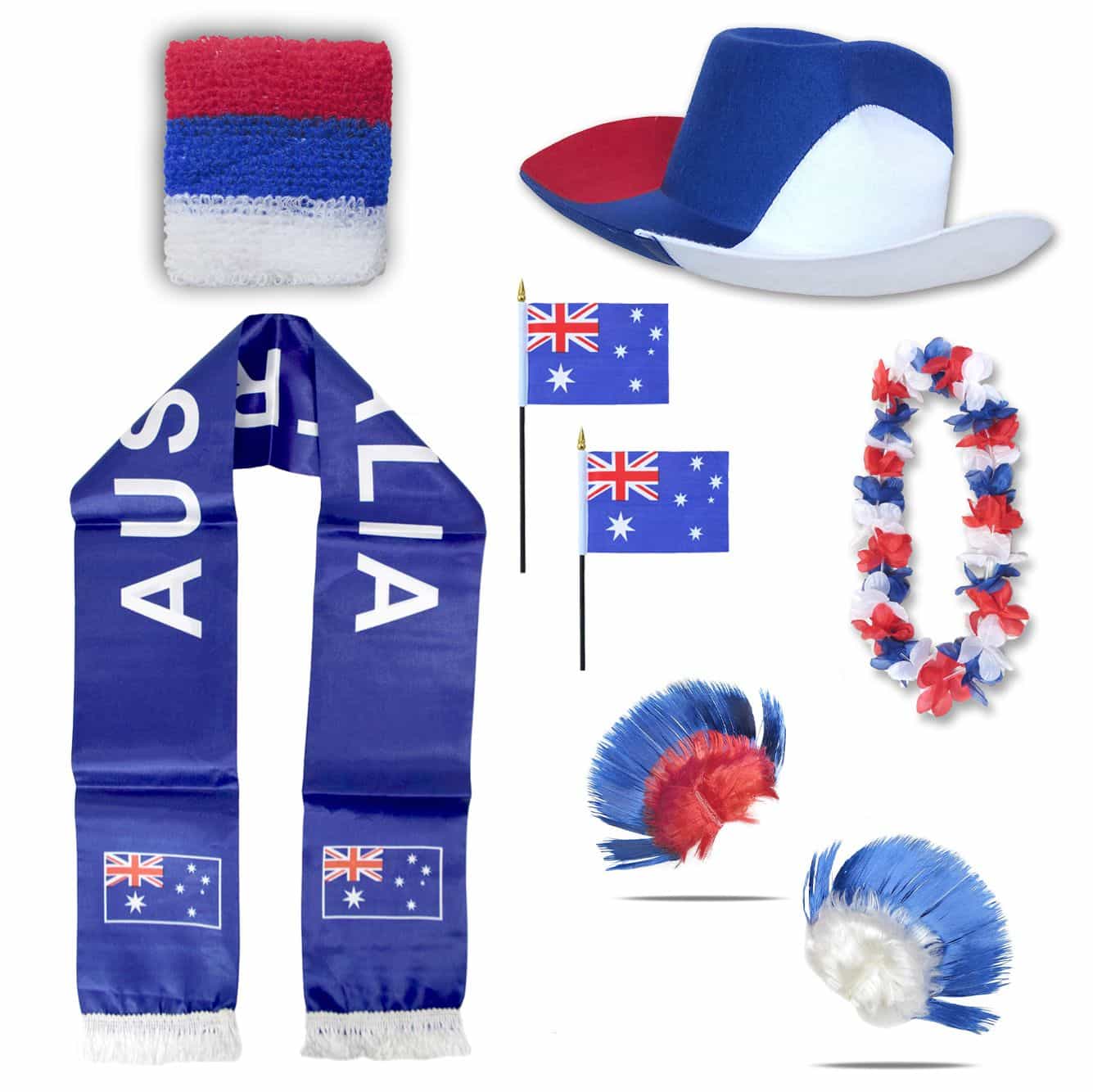 Fan-Paket "Australien" Australia WM EM Fußball Schal Hawaiikette Hut Schweissband Fahne Iro Perücke