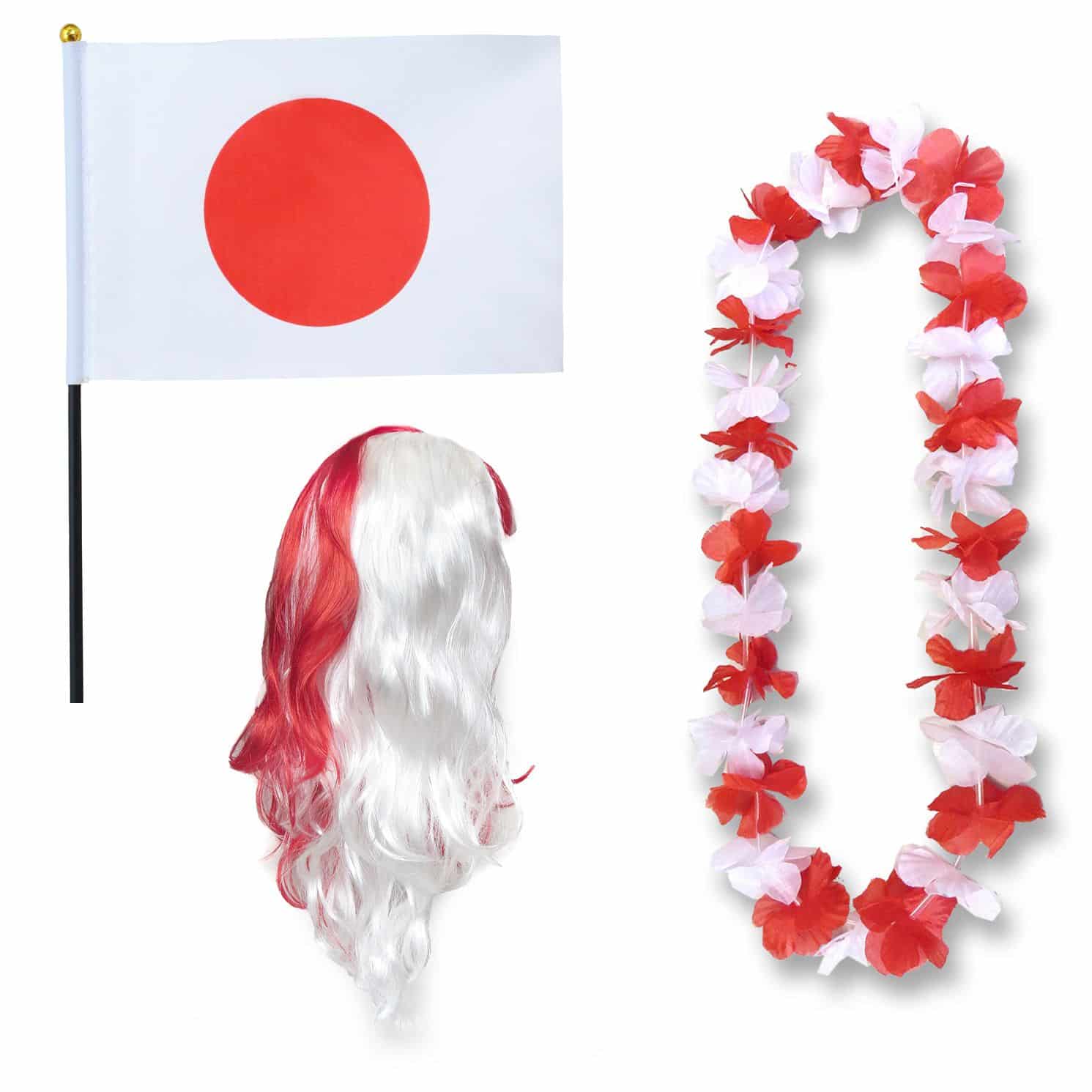 Fanset "Japan" Blumenkette Fahne Flagge Perücke Langhaar-Locken