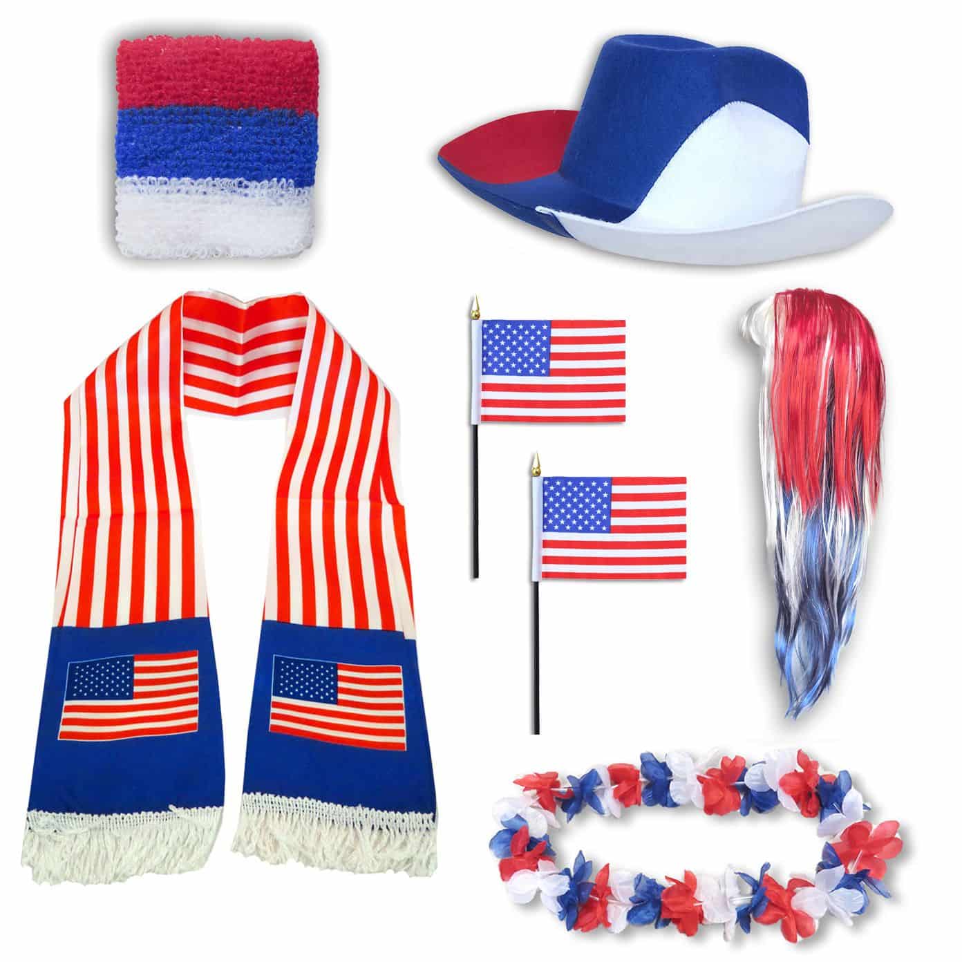 Fan-Paket "USA" Amerika America WM EM Fußball Schal Hawaiikette Hut Schweissband Fahne Perücke
