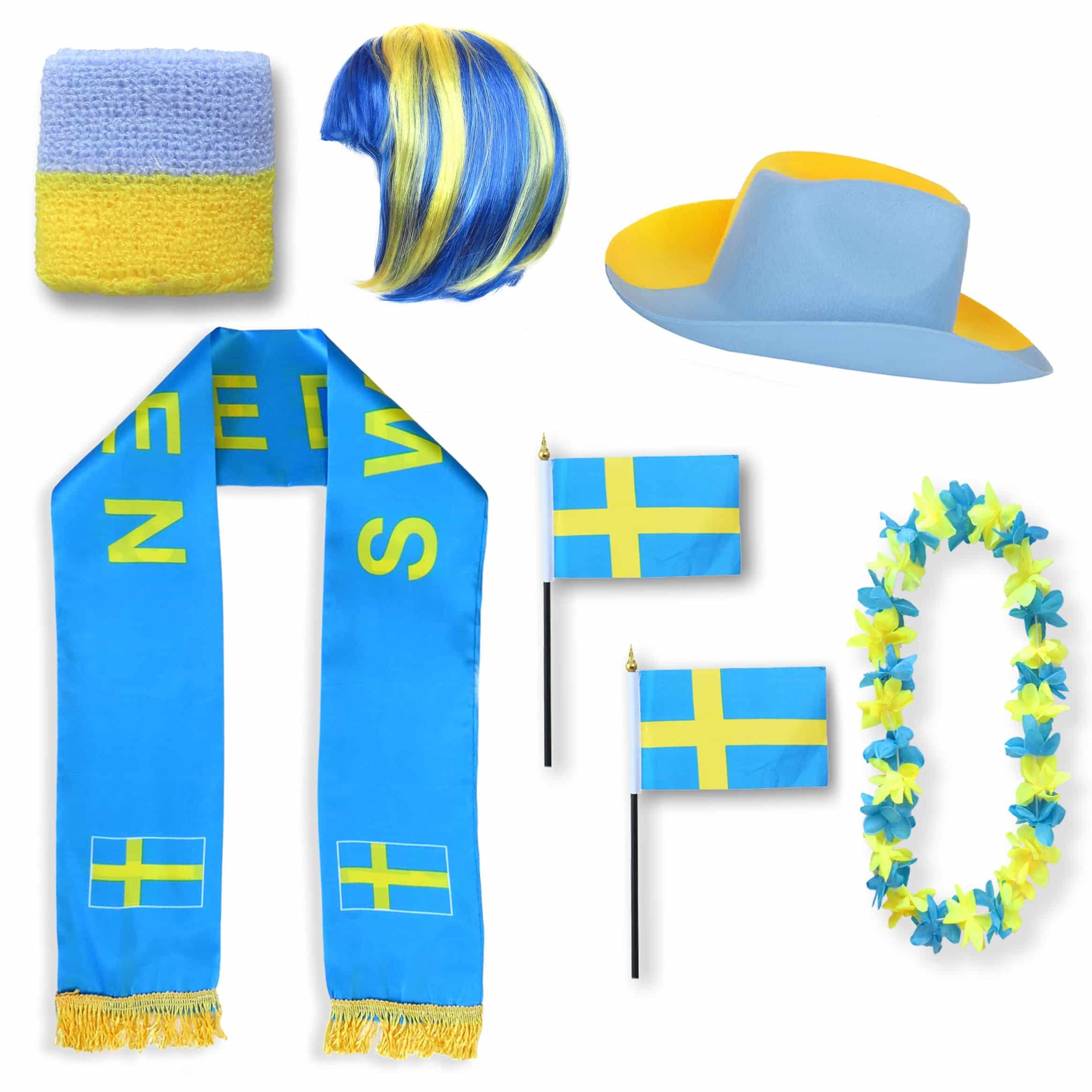 Fan-Paket "Schweden" Sweden WM EM Fußball Schal Hawaiikette Hut Schweissband Fahne Perücke